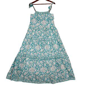 Marea Maxi Dress Women's Medium Blue White Floral Tasseled Tie-Shoulder Cottage